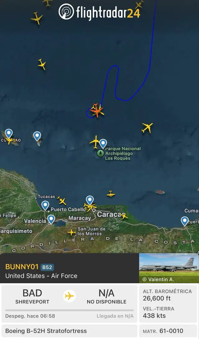 Detección de bombarderos estadounidenses. Fuente: FlightRadar24 Detección de bombarderos estadounidenses. Fuente: FlightRadar24