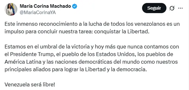 María Corina respondió al anuncio del Nobel de la Paz 2025. Foto: X María Corina respondió al anuncio del Nobel de la Paz 2025. Foto: X