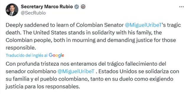 Marco Rubio se pronunció tras la muerte del candidato presidencial Miguel Uribe. Marco Rubio se pronunció tras la muerte del candidato presidencial Miguel Uribe.