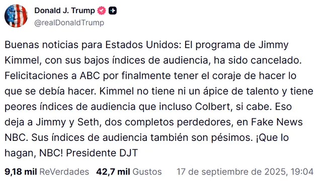  Mensaje de Donald Trump. Fuente: Truth Social   
