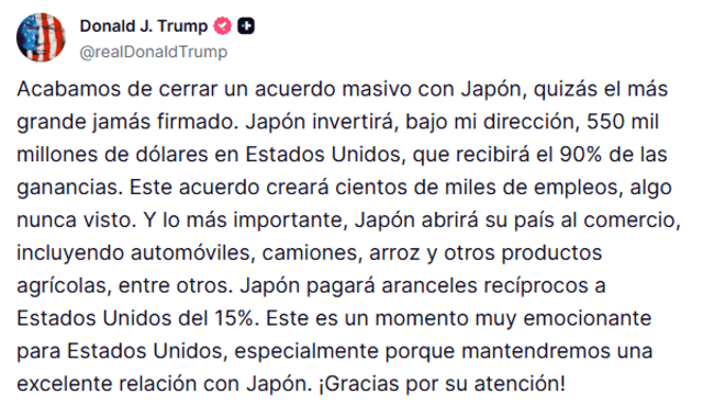 Publicación de Donald Trump en Truth Social sobre aranceles recíprocos con Japón. Publicación de Donald Trump en Truth Social sobre aranceles recíprocos con Japón.