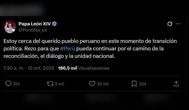  Mensaje del papa León XIX a Perú. Fuente: X   