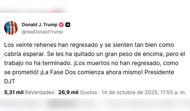 Mensaje de Donald Trump. Fuente: Truth Social Mensaje de Donald Trump. Fuente: Truth Social