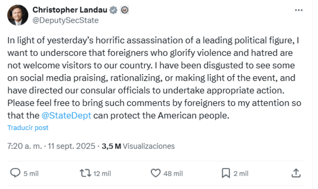  Publicación de Christopher Landau sobre la muerte de Charlie Kirk.   