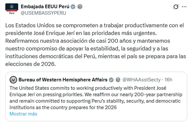 Estados Unidos muestra apoyo al Gobierno de José Jerí, actual presidente del Perú.
