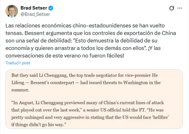 Fragmento de la entrevista a Scott Bessent en Financial Times compartido por X. Fragmento de la entrevista a Scott Bessent en Financial Times compartido por X.