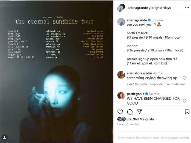 Ariana Grande anuncia el tour de Eternal Sunshine en Instagram. Ariana Grande anuncia el tour de Eternal Sunshine en Instagram.