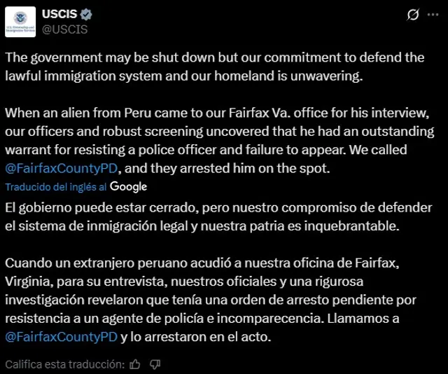  USCIS anuncia captura de inmigrante peruano en Viriginia. Fuente: X   