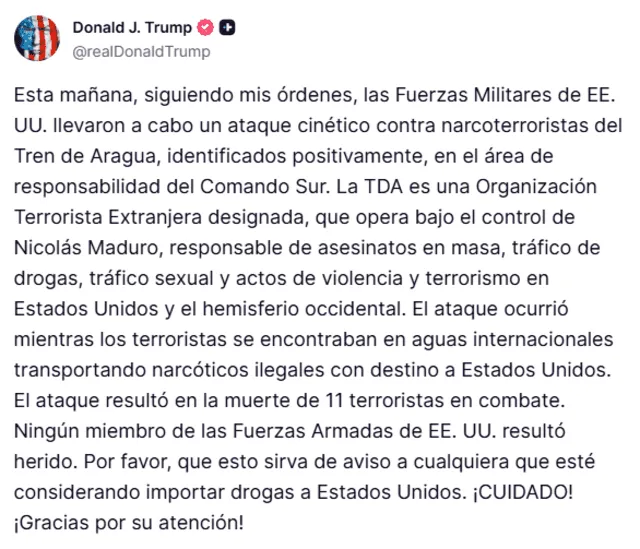 Mensaje compartido por Donald Trump el martes 2 de septiembre.