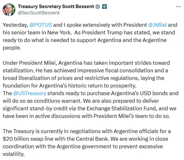  Comunicado de Scott Bessent. Fuente: X   