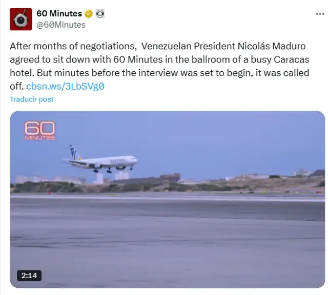La cadena 60 Minutos reveló que Maduro canceló la entrevista en Caracas. Foto: X