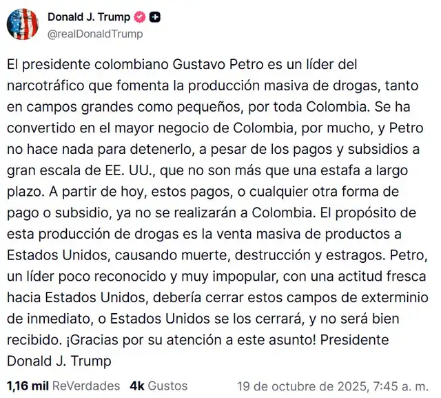 Mensaje de Donald Trump a Gustavo Petro. Fuente: Truth Social Mensaje de Donald Trump a Gustavo Petro. Fuente: Truth Social