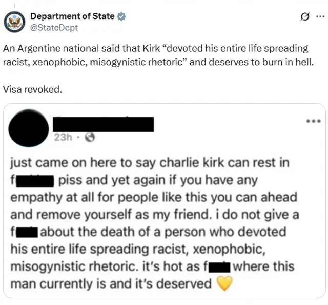 La joven argentina publicó en redes sociales un mensaje en contra de Charlie Kirk que ocasionó que le revocaran la visa. Foto: X/ @StateDept
