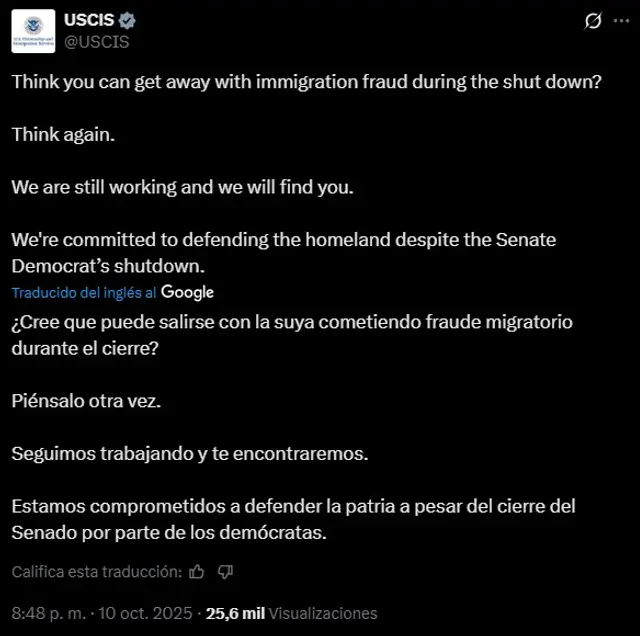  Comunicado del USCIS a inmigrantes en Estados Unidos. Fuente: X   