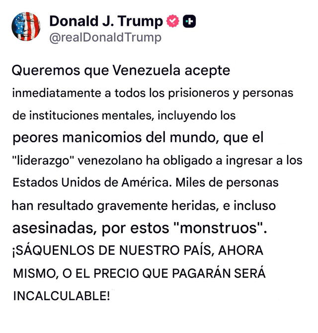 El presidente de Estados Unidos, Donald Trump, compartió este fuerte mensaje a través de su cuenta de Truth Social. Foto: RealDonaldTrump El presidente de Estados Unidos, Donald Trump, compartió este fuerte mensaje a través de su cuenta de Truth Social. Foto: RealDonaldTrump