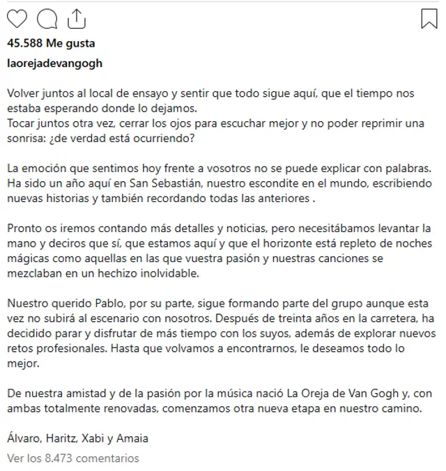 Comunicado oficial La Oreja de Van Gogh. Fuente: Instagram Comunicado oficial La Oreja de Van Gogh. Fuente: Instagram