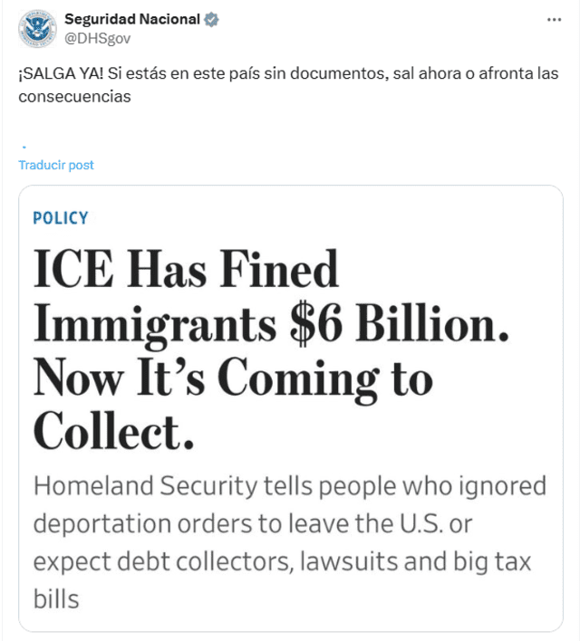 DHS advierte que inmigrantes que no acaten una orden de deportación serán multados.