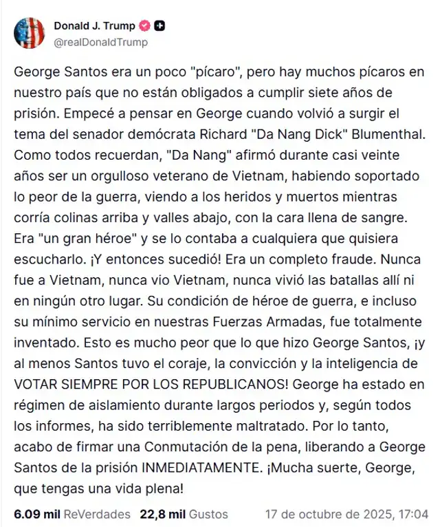 Comunicado de Donald Trump. Fuente: Truth Social Comunicado de Donald Trump. Fuente: Truth Social