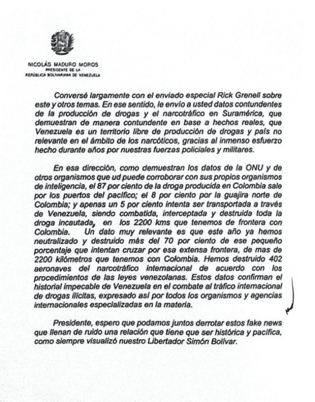 Carta de Nicolás Maduro enviada a Donald Trump. Fuente: X Carta de Nicolás Maduro enviada a Donald Trump. Fuente: X