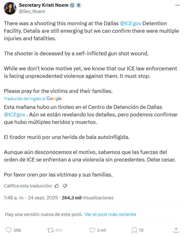  Comunicado de Kristi Noem. Fuente: X   