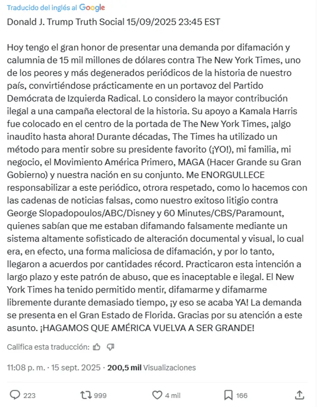 Publicación de Donald Trump. Fuente: Thuth Social     Publicación de Donald Trump. Fuente: Thuth Social