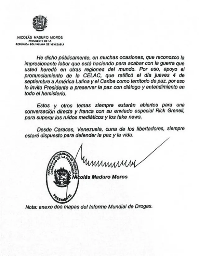 Carta de Nicolás Maduro enviada a Donald Trump. Fuente: X Carta de Nicolás Maduro enviada a Donald Trump. Fuente: X