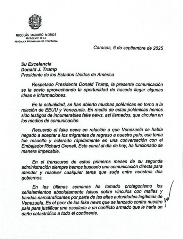 Carta enviada de Nicolás Maduro a Donald Trump. Fuente: X Carta enviada de Nicolás Maduro a Donald Trump. Fuente: X