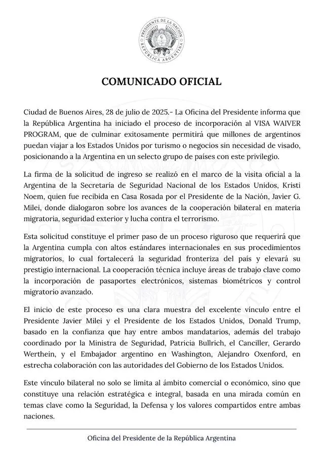 Argentina solicitó su reincorporación al programa Visa Waiver a Estados Unidos. Foto: Presidencia de Argentina Argentina solicitó su reincorporación al programa Visa Waiver a Estados Unidos. Foto: Presidencia de Argentina
