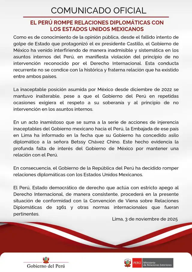 Perú confirma fin de las relaciones diplomáticas con México.