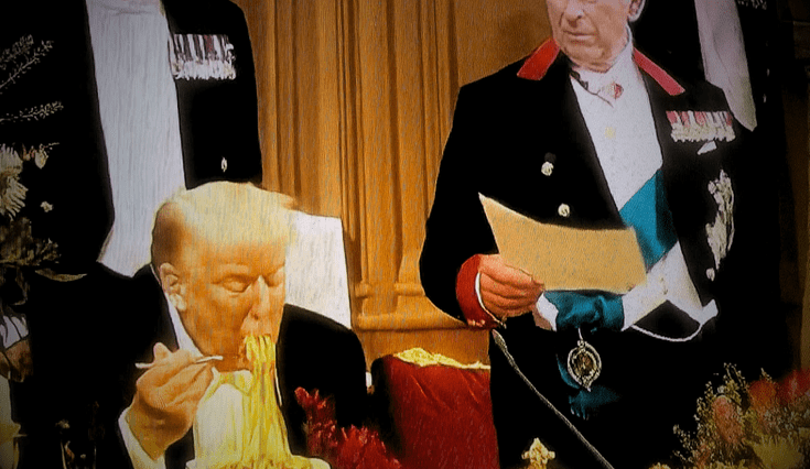 Imagen falsa muestra a Donald Trump comiendo espaguetis en Reino Unido durante un banquete real. Imagen falsa muestra a Donald Trump comiendo espaguetis en Reino Unido durante un banquete real.